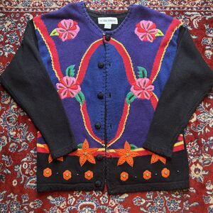 Vtg Victoria Harbour Medium Embroidered Flower Black Button Up Cottage